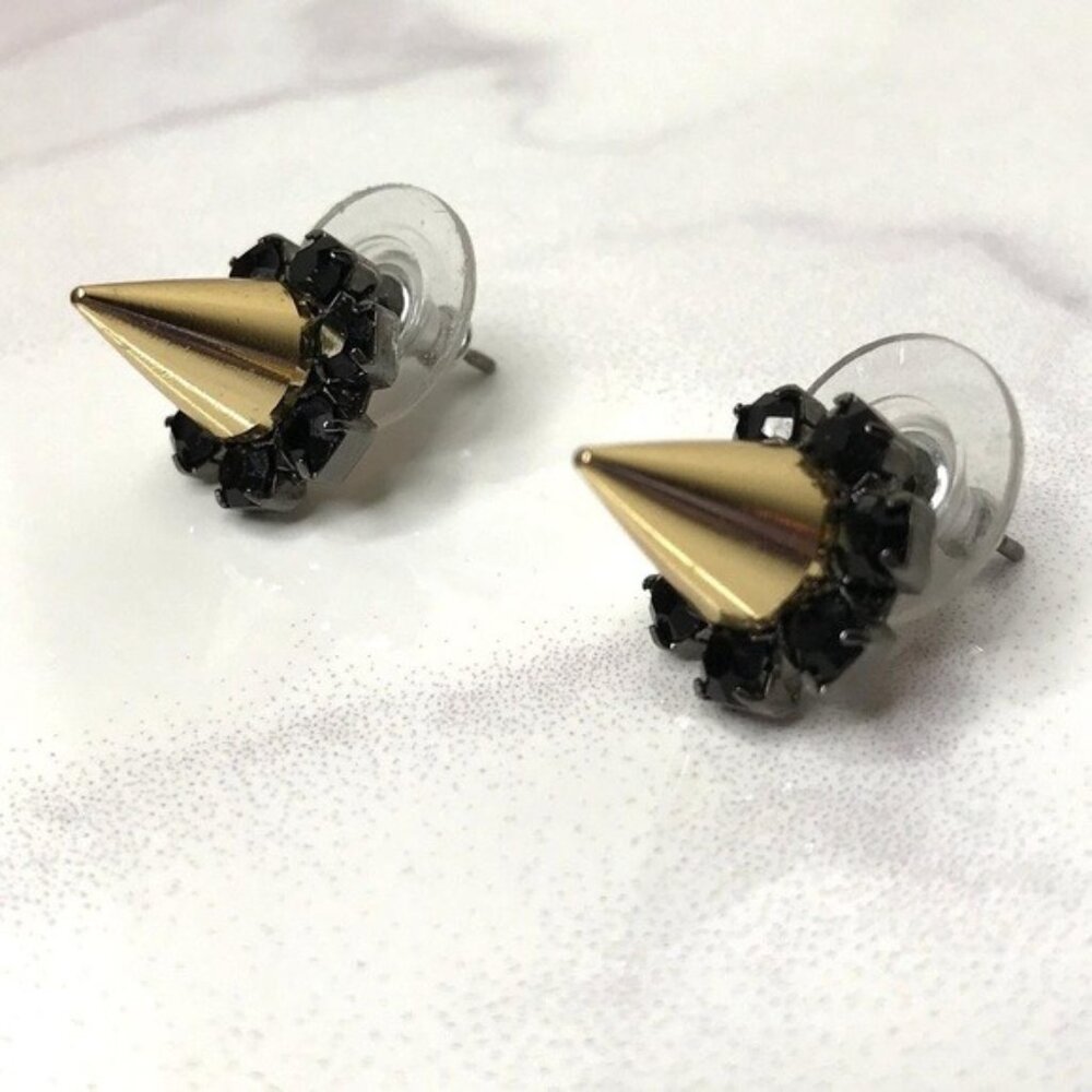 Joomi Lim Gold Plated Single Cone Spike Jet Black Crystal Punk Stud Earrings